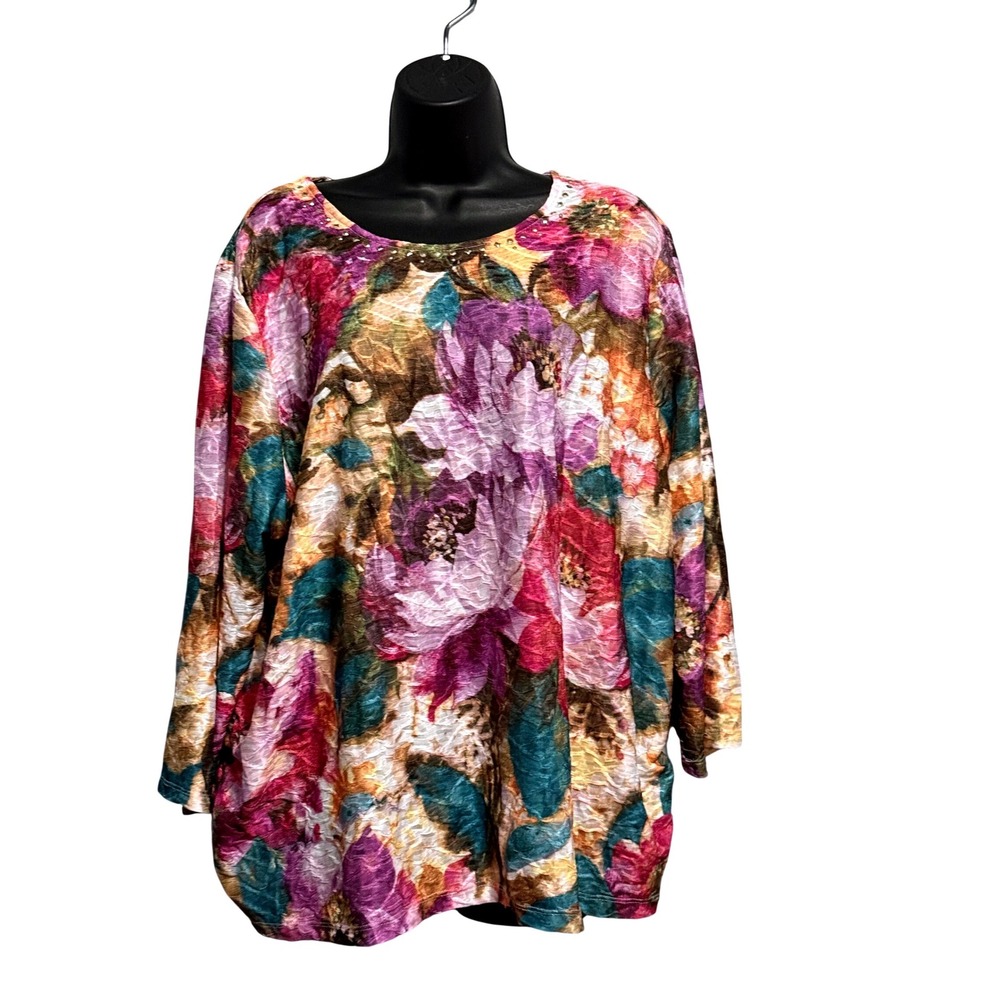 Alfred Dunner Woman Floral Crinkle Rhinestone Top 2X Multicolor 3/4 Blouse